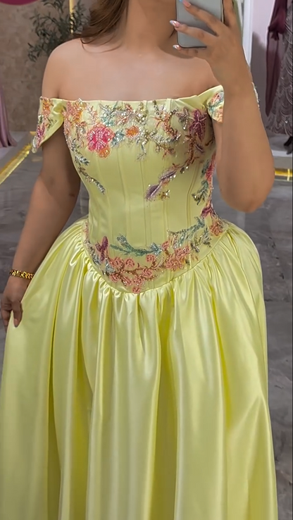 Floral Beaded Corset Off-Shoulder Ball Gown