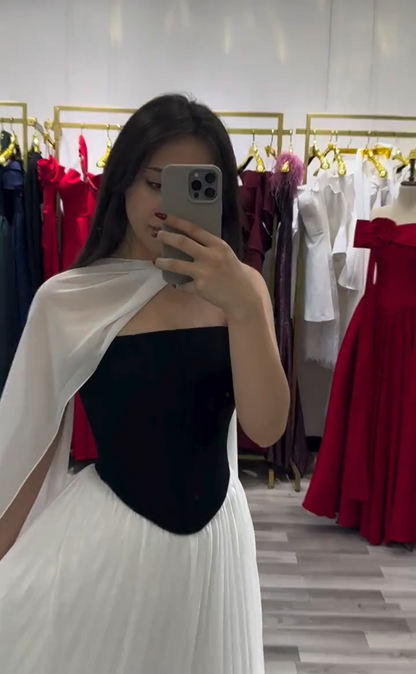 Strapless Corset Gown with Pleated Skirt and Cape