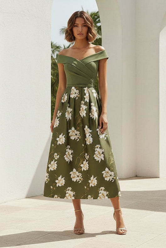 Off-the-Shoulder Floral Tea-Length Dress