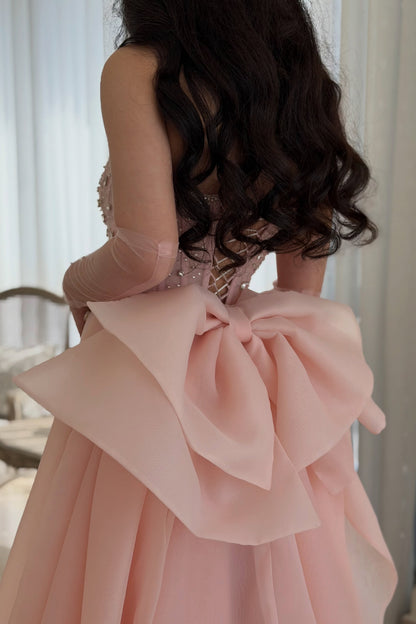 Strapless Corset Gown with Rhinestones & Bow Train