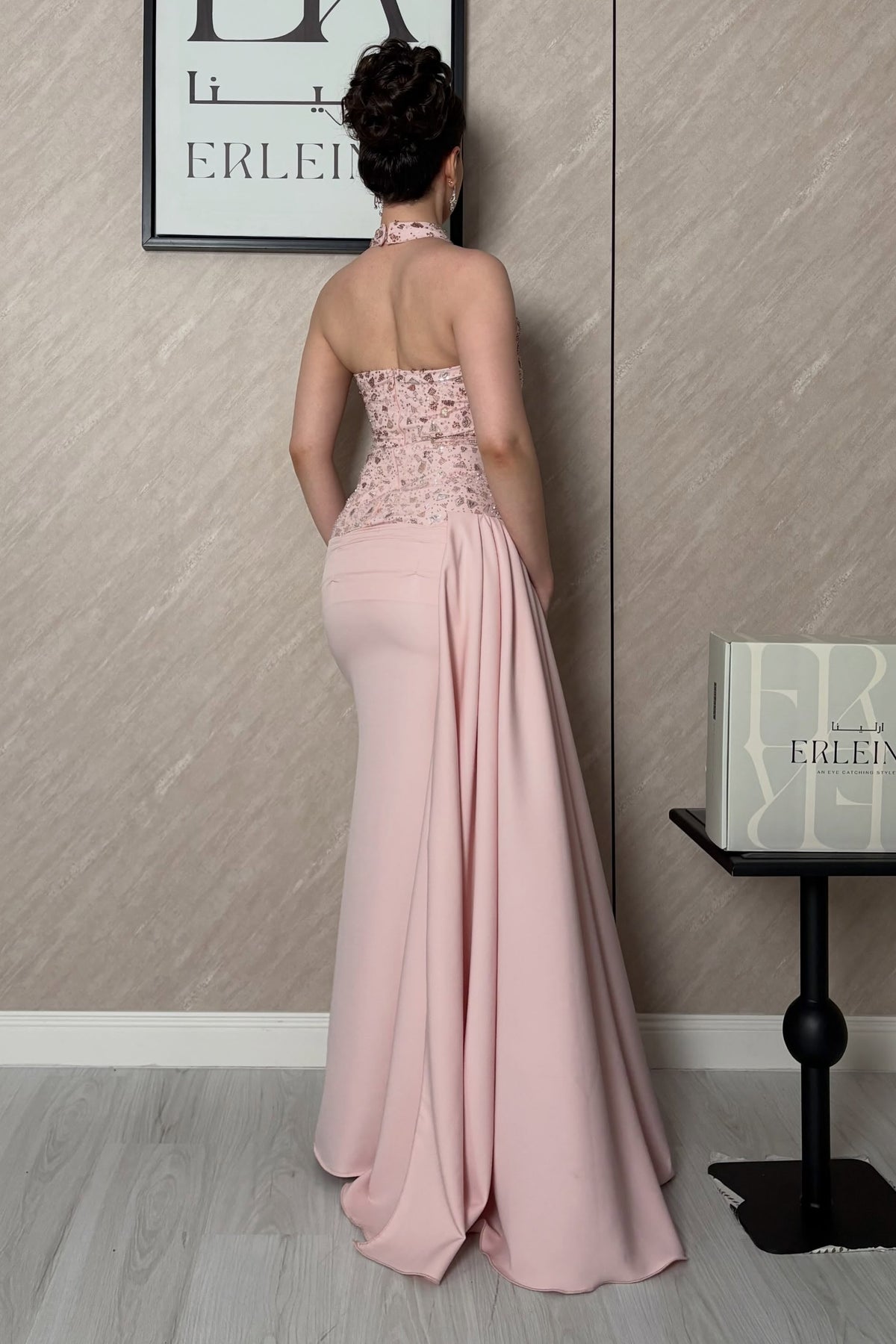 Beaded High Neck Evening Gown with Side Drape