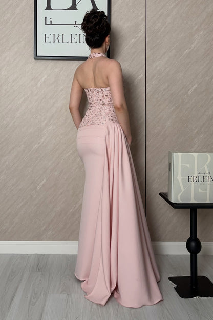 Beaded High Neck Evening Gown with Side Drape