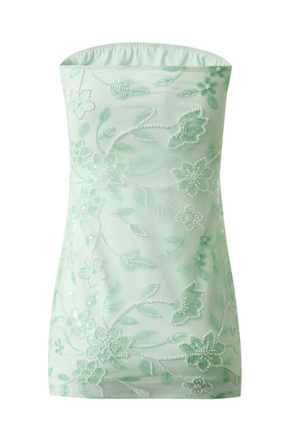 Beaded Floral Mesh Strapless Mini Dress