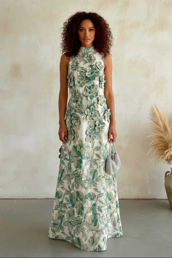 High Neck Jacquard Maxi Dress with 3D Flowers