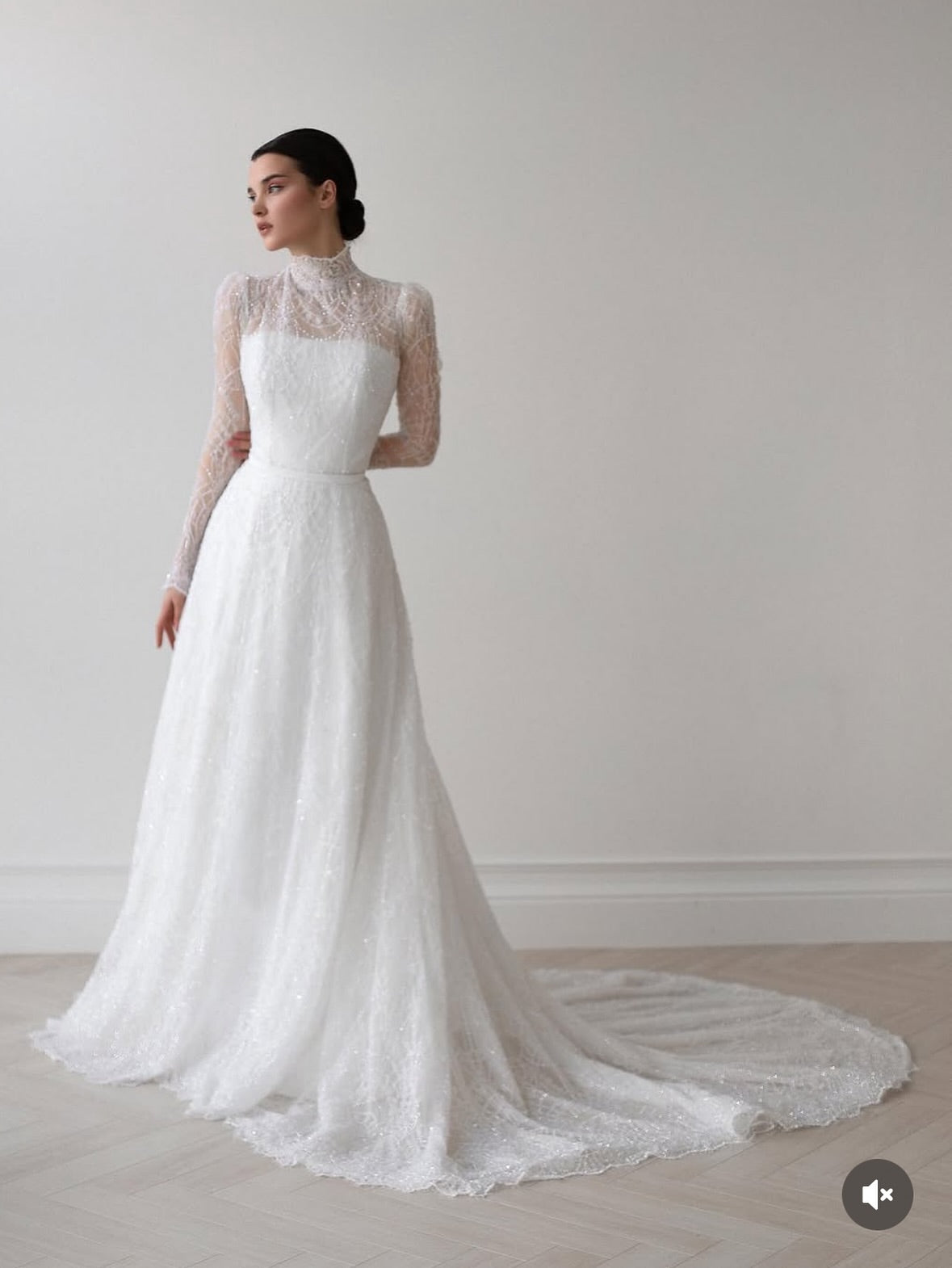 High Neck Illusion Long Sleeve A-Line Wedding Dress