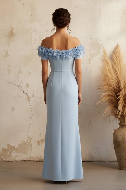 Off-the-Shoulder 3D Floral Sheath Evening Gown