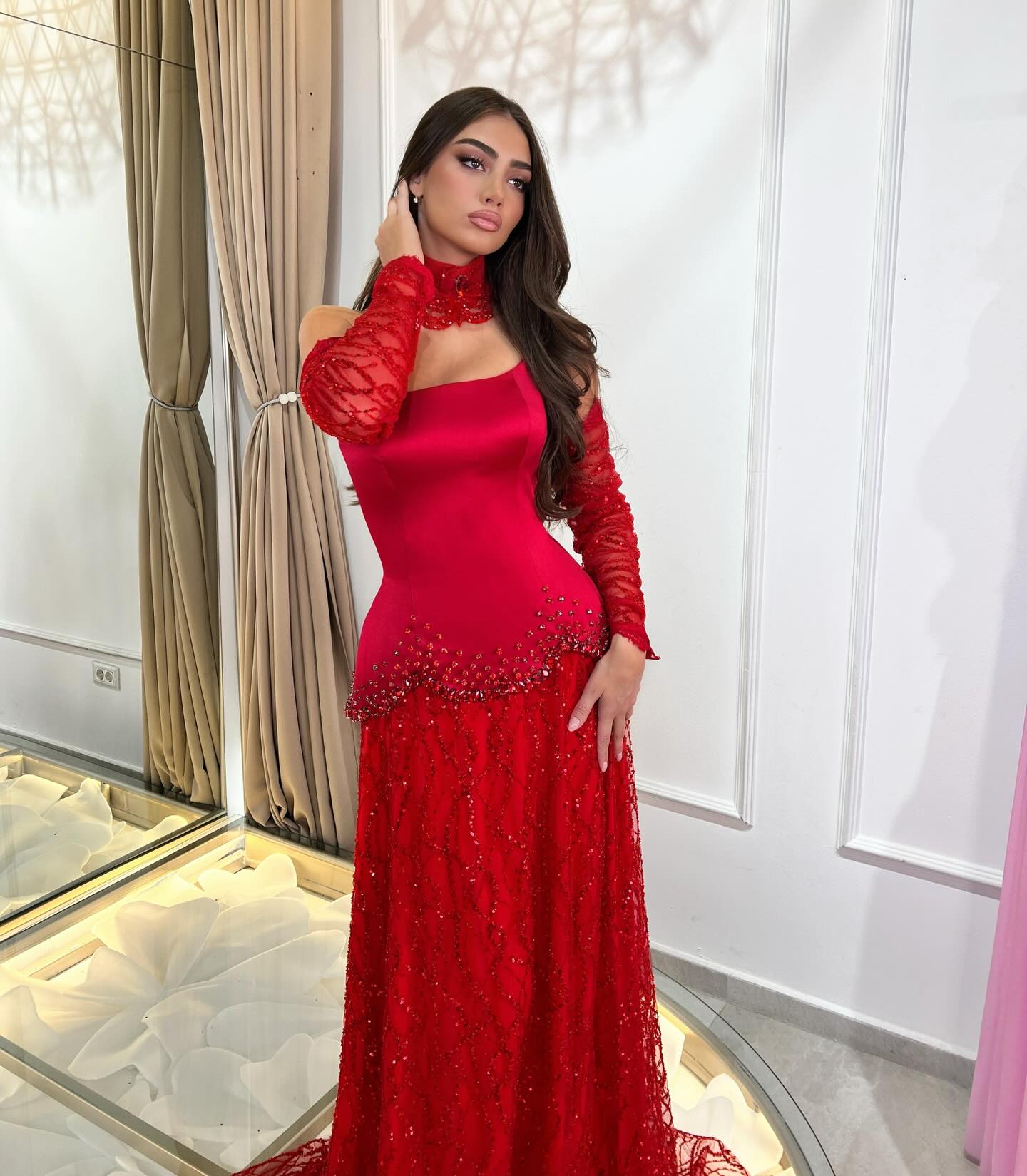 Strapless Satin and Lace Evening Gown