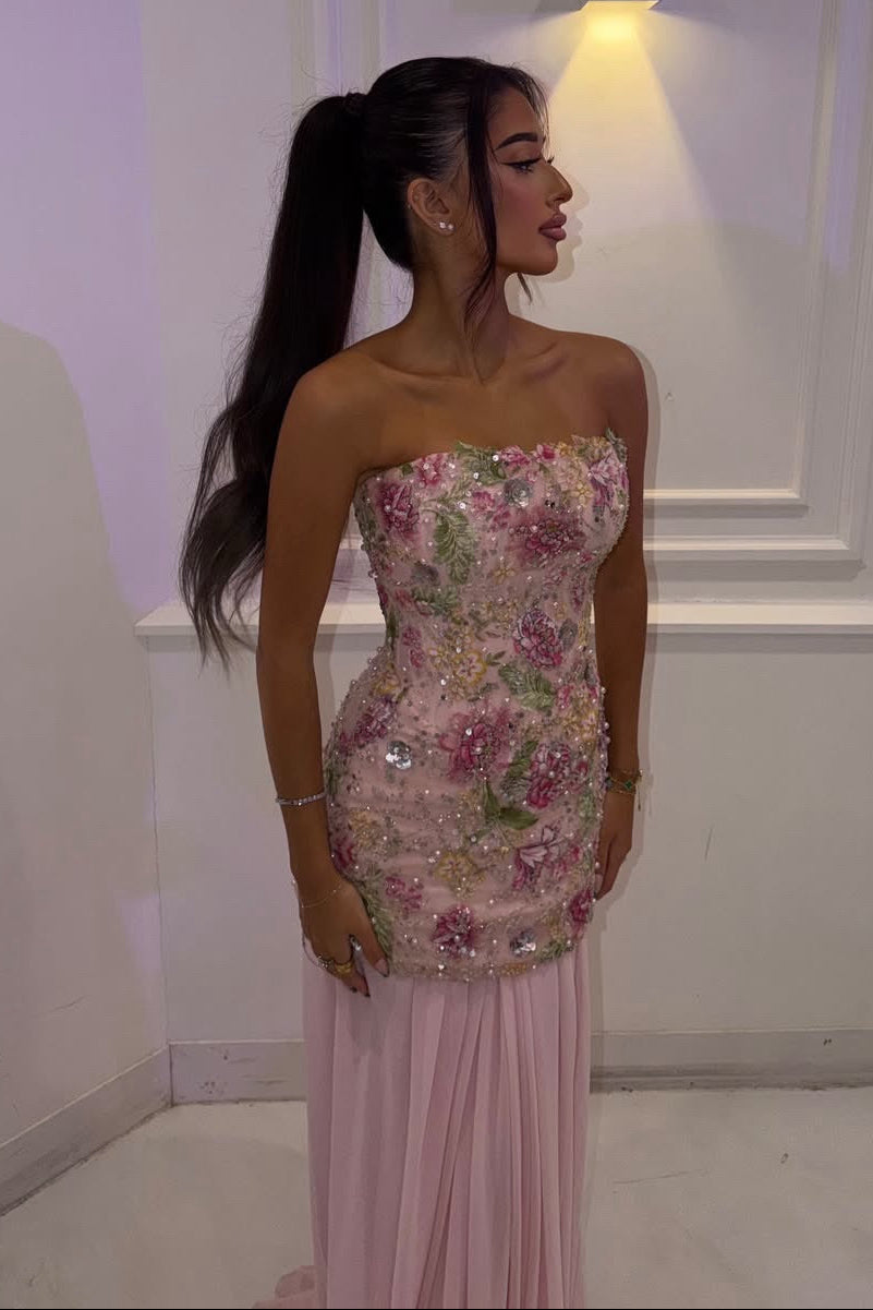 Strapless Floral Beaded Gown with Pleated Skirt