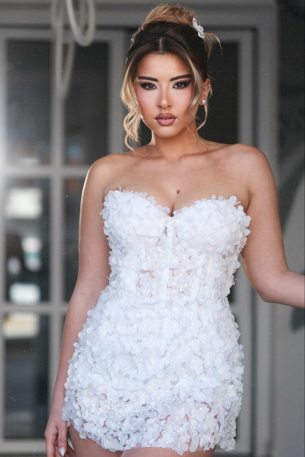 Strapless 3D Flower Corset Mini Dress