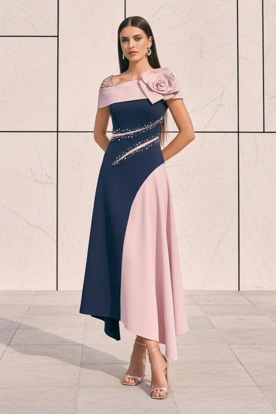 Two-Tone Off Shoulder Midi Dress with Rose Detail