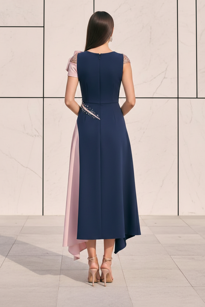 Two-Tone Off Shoulder Midi Dress with Rose Detail