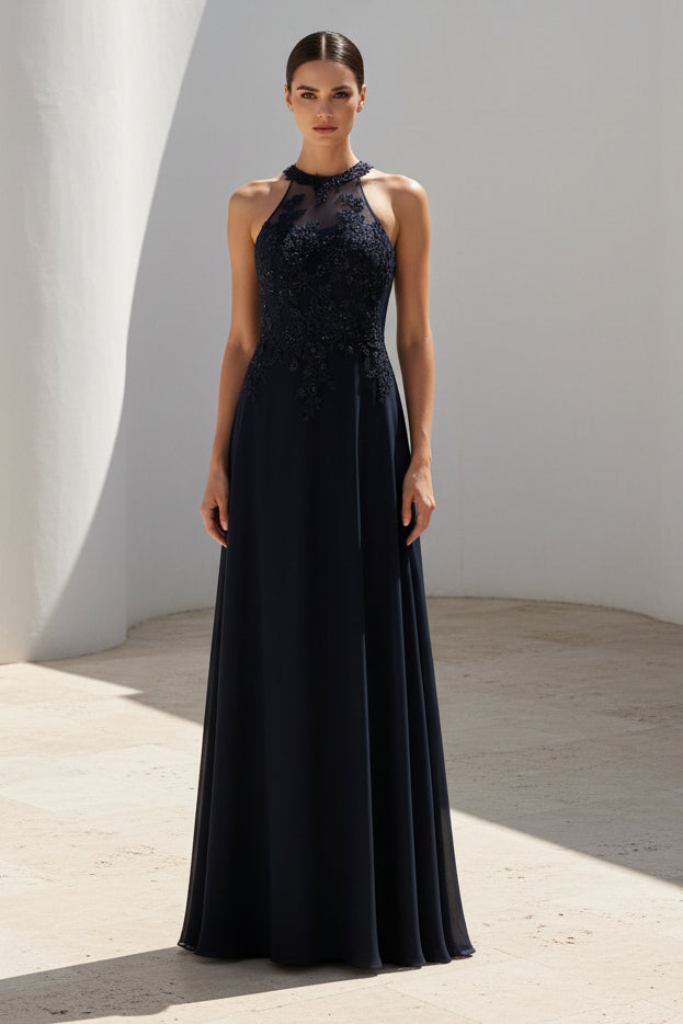 Illusion Halter Lace Bodice A-Line Gown