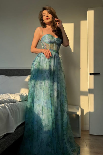Floral Print Corset Evening Gown