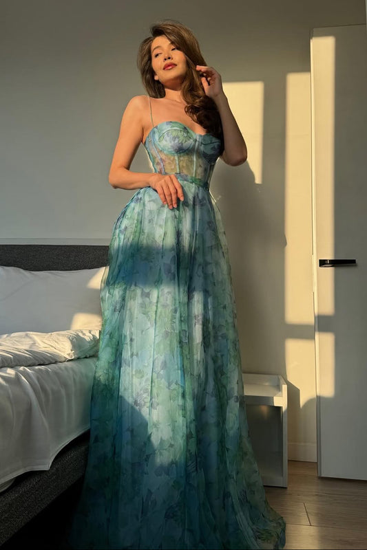 Floral Print Corset Evening Gown