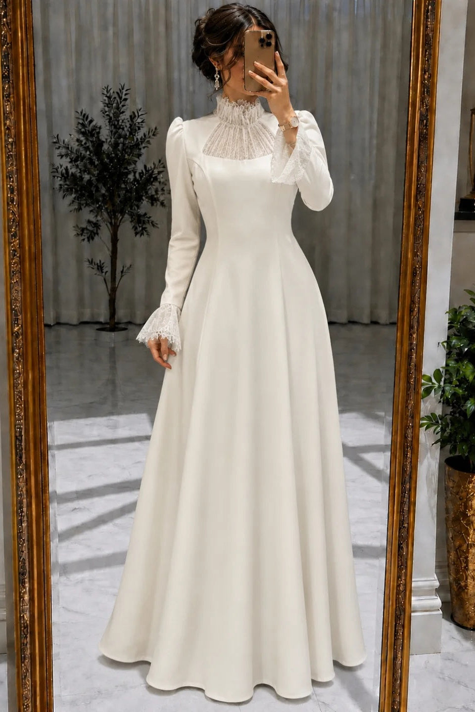 High Neck Lace Long Sleeve A-Line Gown