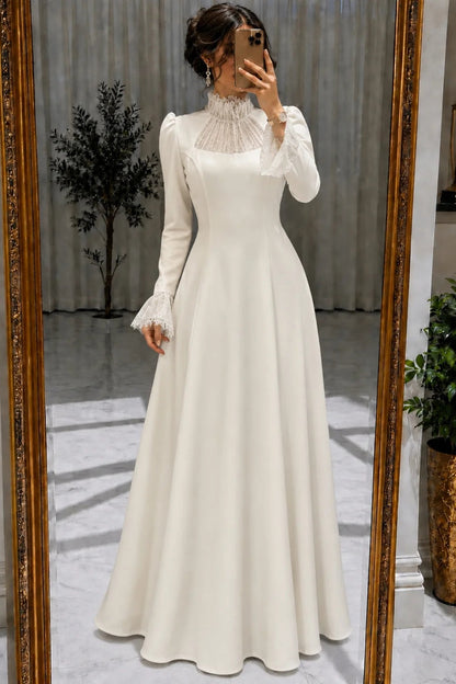 High Neck Lace Long Sleeve A-Line Gown