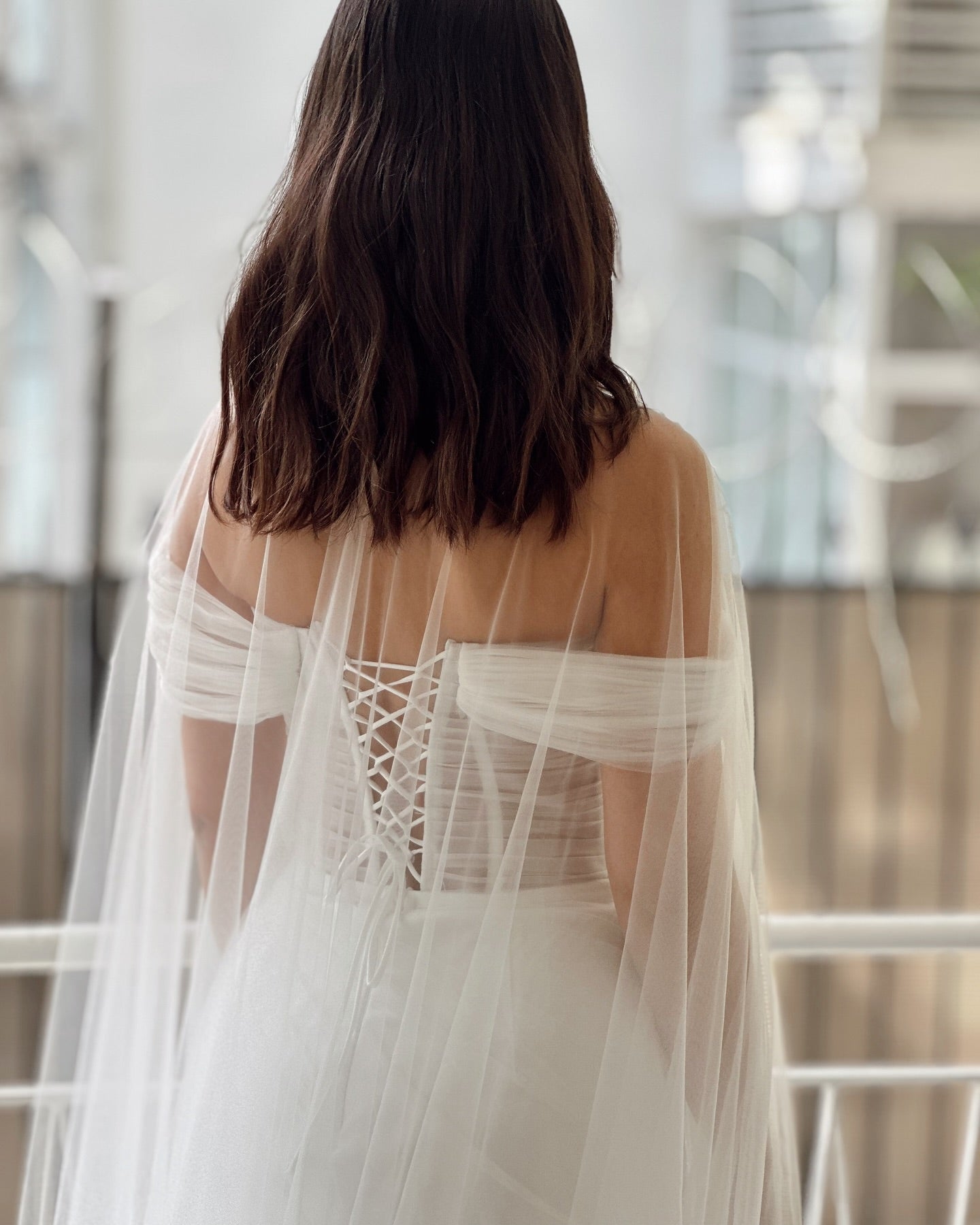 Off-The-Shoulder Tulle Corset Wedding Dress with Cape