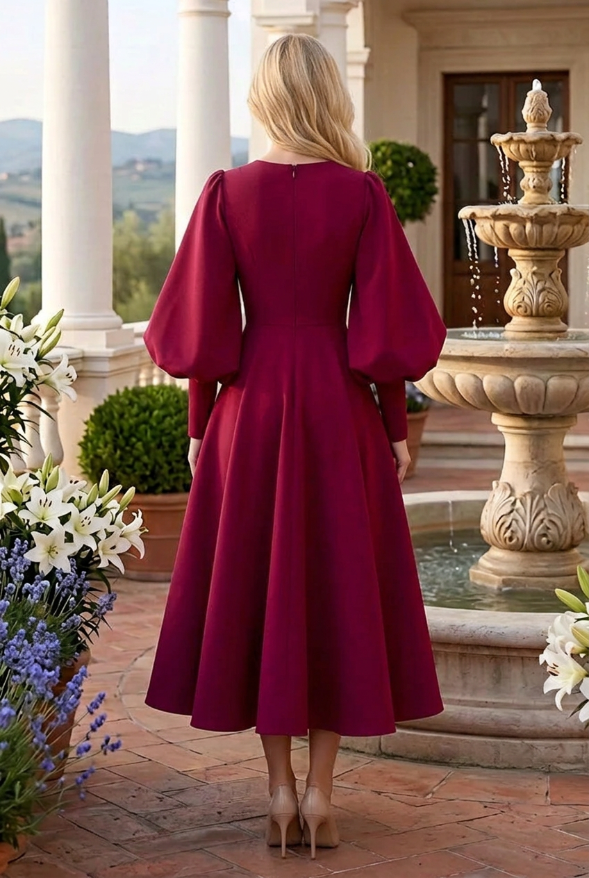 Puff Sleeve A-Line Midi Dress