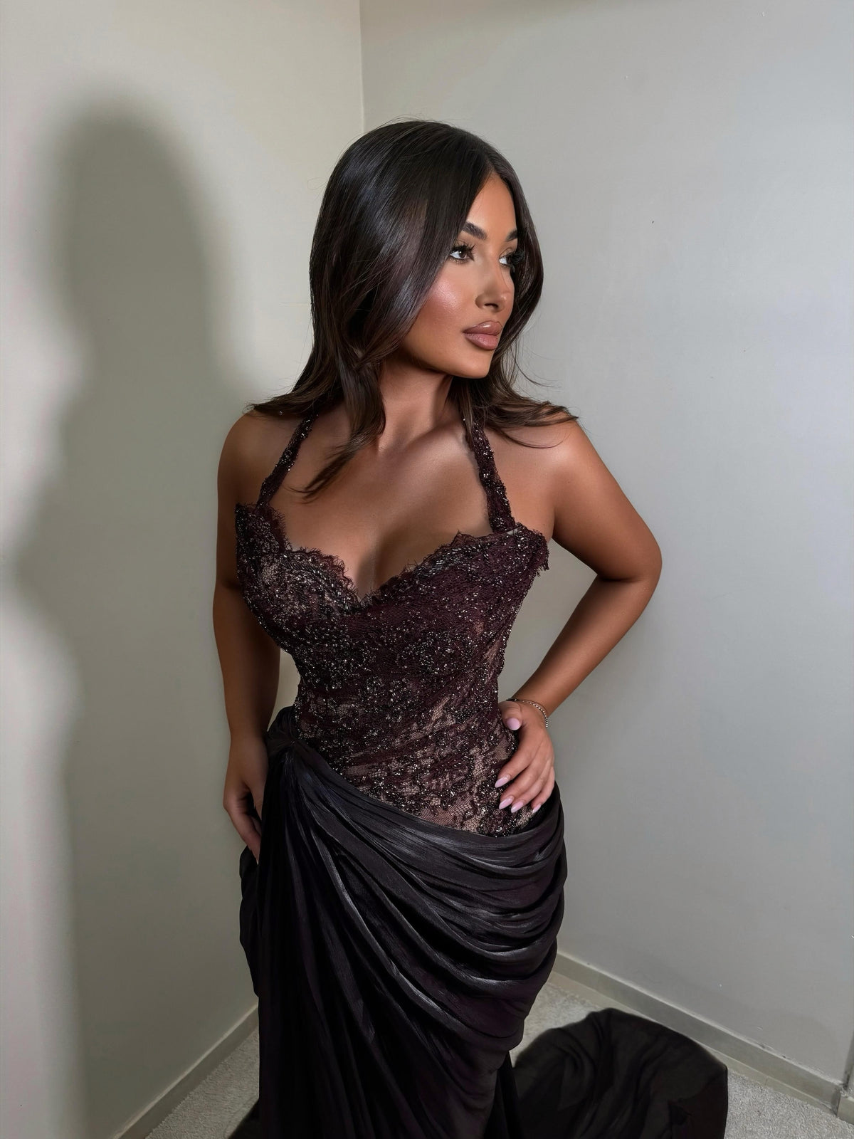 Beaded Corset Evening Gown with Draped Skirt