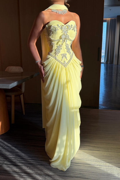 Embellished Corset Drape Evening Gown with Scarf