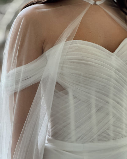 Off-The-Shoulder Tulle Corset Wedding Dress with Cape