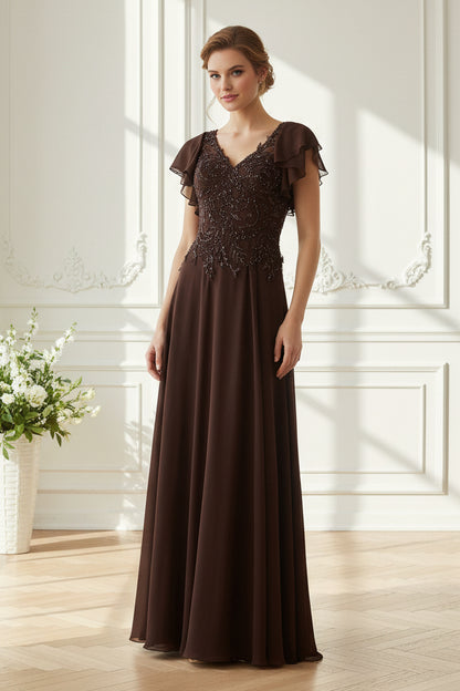 Beaded V-Neck Flutter Sleeve Evening Gown