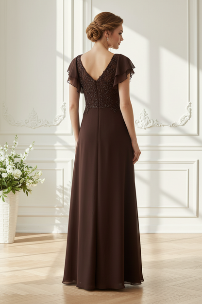 Beaded V-Neck Flutter Sleeve Evening Gown