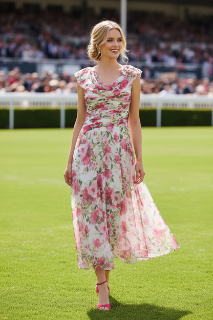 Floral Chiffon A-Line Tea-Length Dress