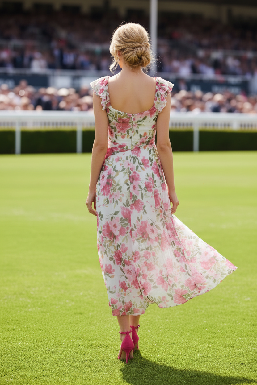 Floral Chiffon A-Line Tea-Length Dress