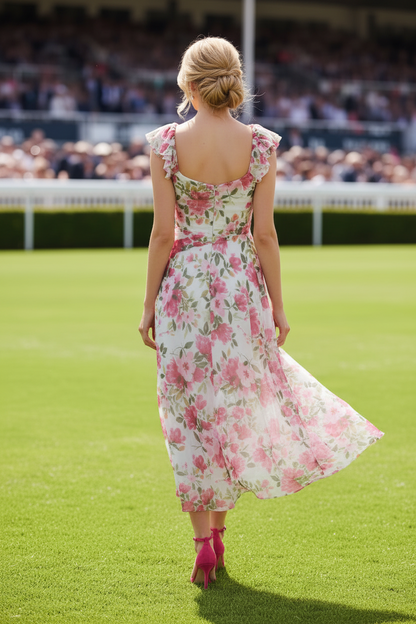 Floral Chiffon A-Line Tea-Length Dress