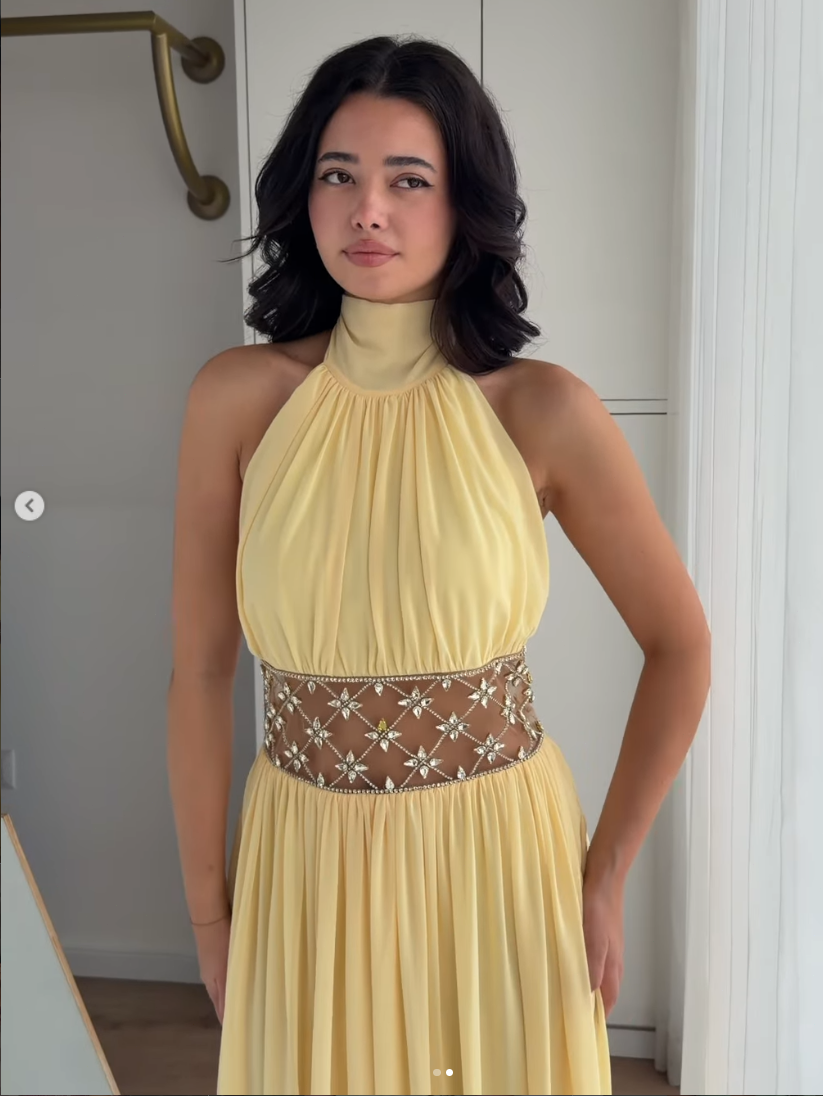 Halter High-Neck Chiffon Gown with Beaded Waist