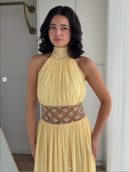 Halter High-Neck Chiffon Gown with Beaded Waist