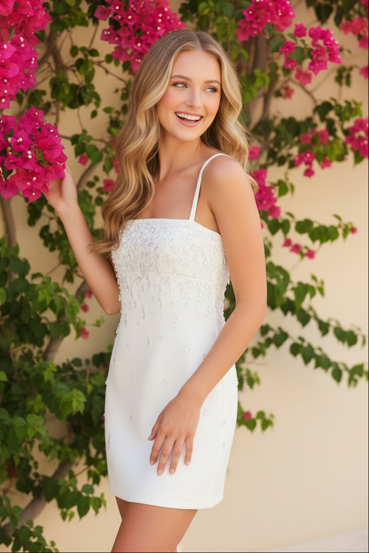 Crystal-Embellished Spaghetti Strap Mini Dress