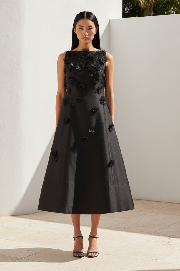 Sleeveless A-Line Midi Dress with 3D Flowers