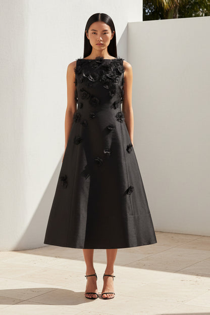 Sleeveless A-Line Midi Dress with 3D Flowers