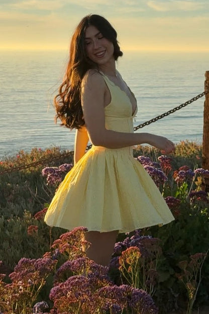 Scalloped V-Neck Fit and Flare Mini Dress