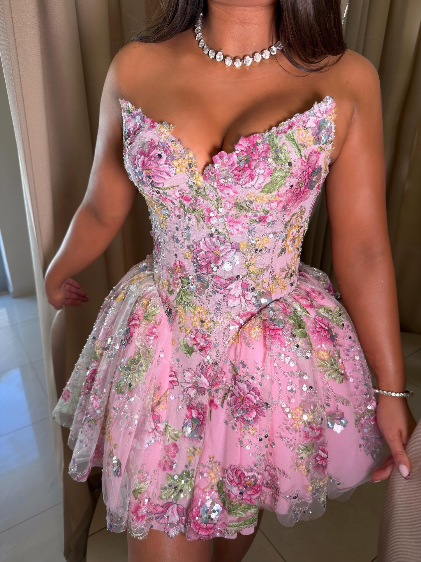 Strapless Floral Applique Corset Mini Dress