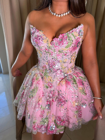 Strapless Floral Applique Corset Mini Dress