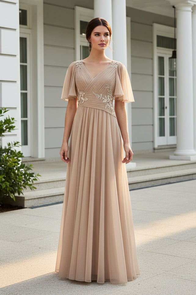 Flutter Sleeve Chiffon Gown with Floral Appliques