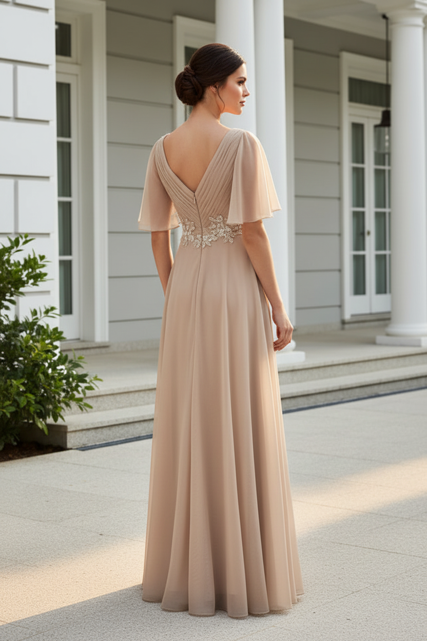 Flutter Sleeve Chiffon Gown with Floral Appliques