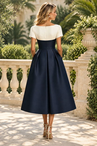 Colorblock Floral Embroidered Midi A-Line Dress