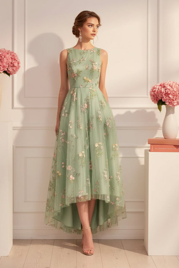Floral Embroidered High-Low Midi Dress