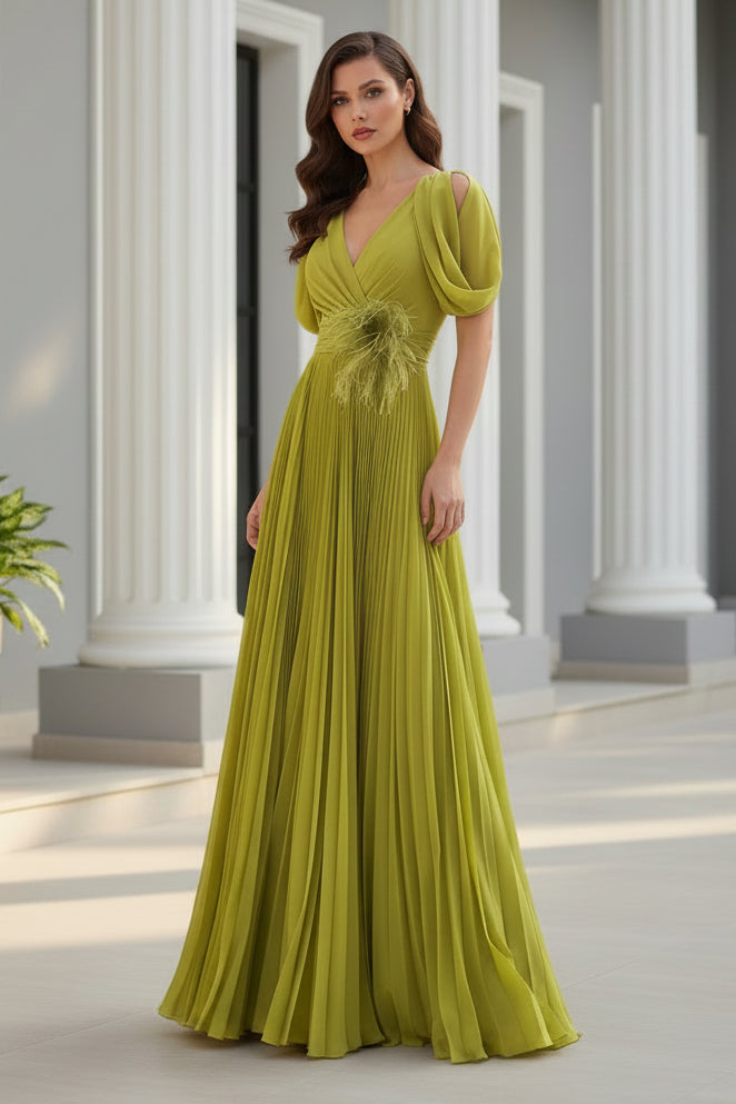 Pleated V-Neck A-Line Gown with Feather Detail