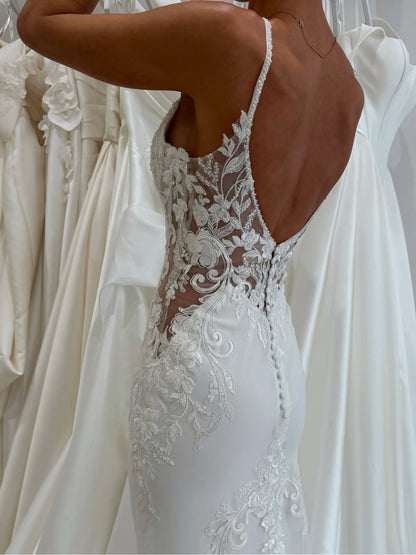 Spaghetti Strap Lace and Crepe Mermaid Wedding Gown