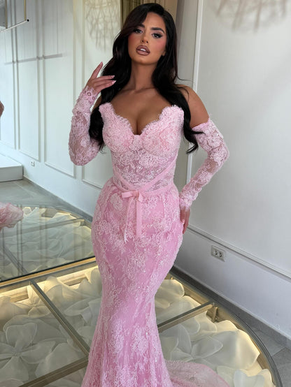 Off-the-Shoulder Lace Mermaid Gown with Corset Back