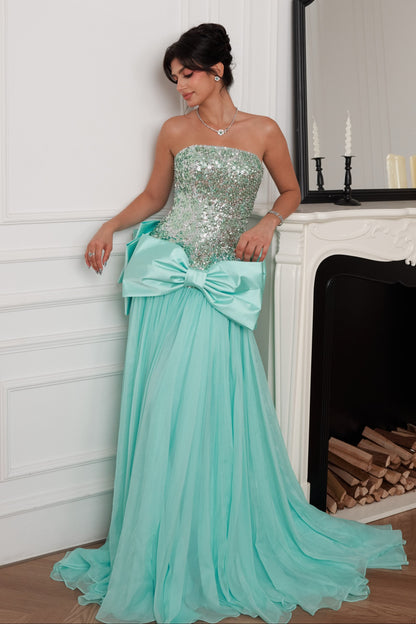 Strapless Beaded Bodice Gown with Statement Bow