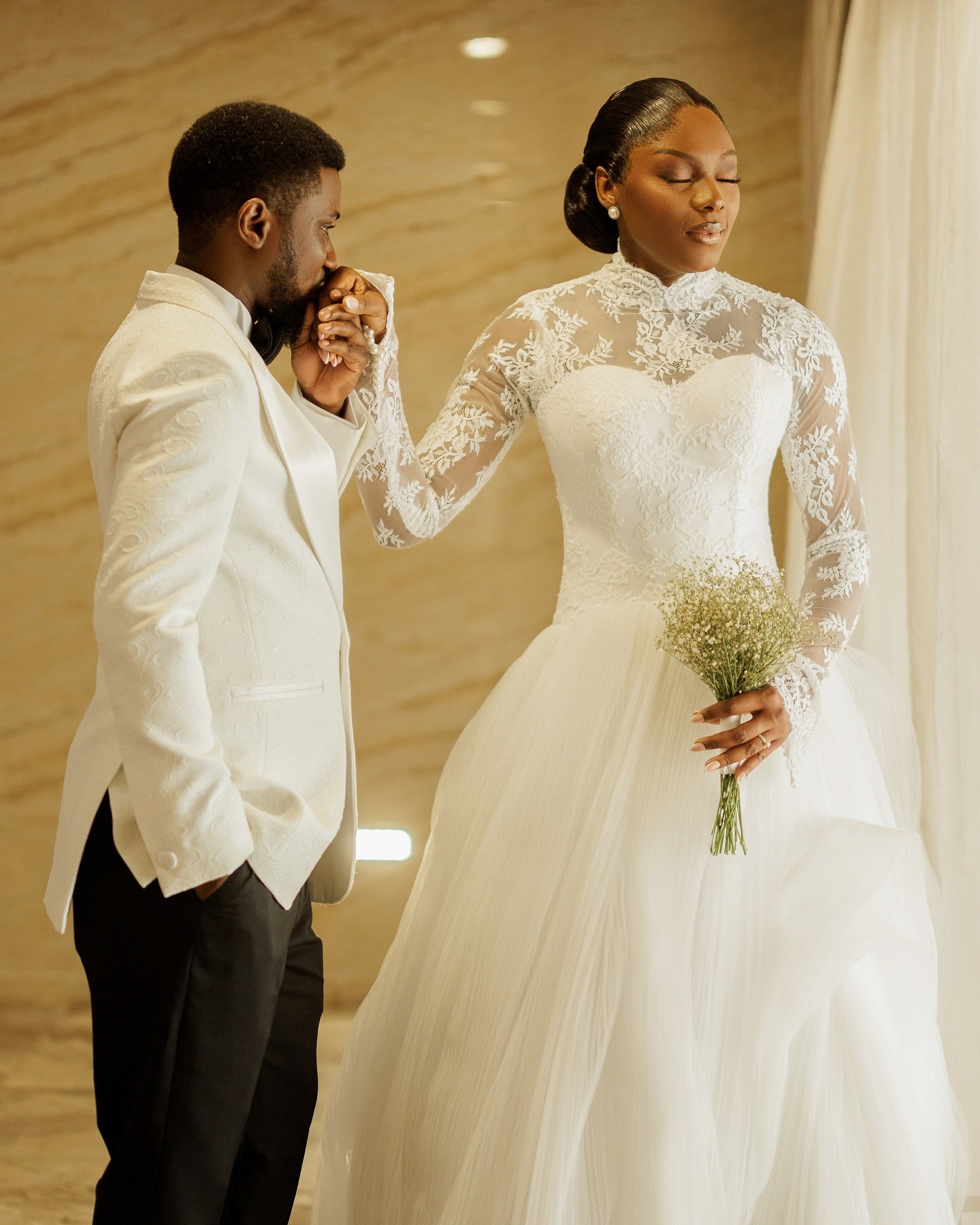 High Neck Lace Long Sleeve Ball Gown Wedding Dress