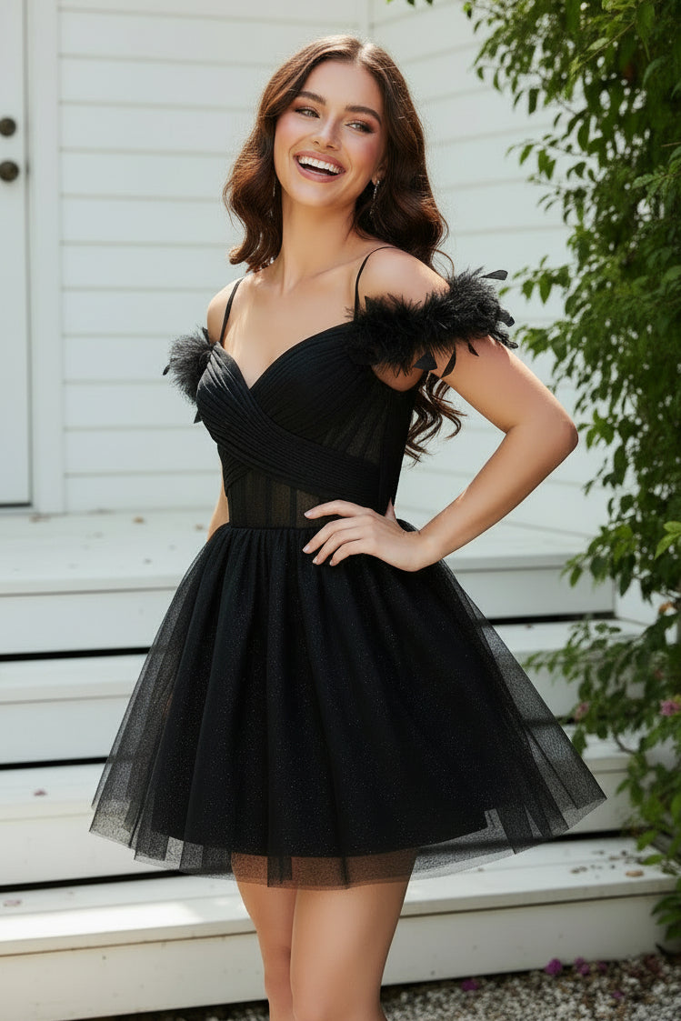 Off-the-Shoulder Glitter Tulle Mini Dress