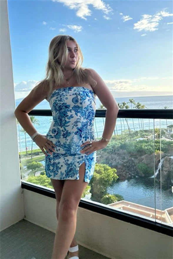 Strapless Floral Print Mini Bodycon Dress