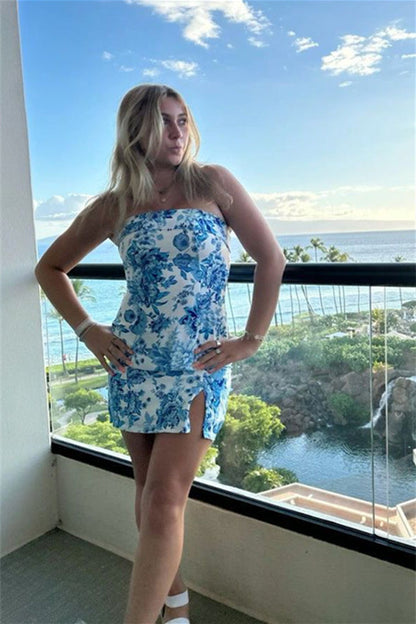 Strapless Floral Print Mini Bodycon Dress